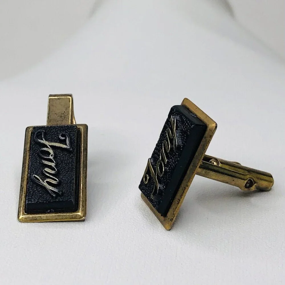 Vtg Men JONY Tie Clip & Cufflink Black Gold tone Wedding Groom Gift Rectangle